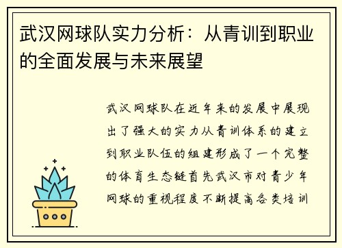 武汉网球队实力分析：从青训到职业的全面发展与未来展望