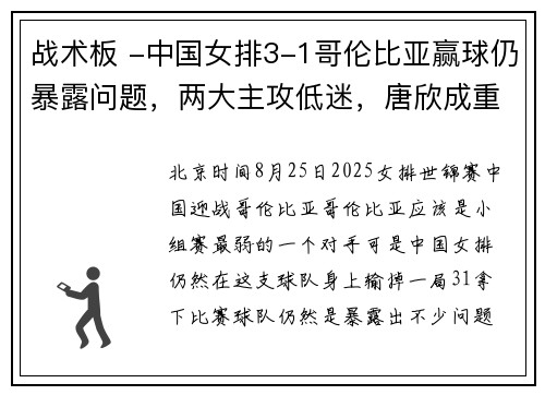 战术板 -中国女排3-1哥伦比亚赢球仍暴露问题，两大主攻低迷，唐欣成重要棋子