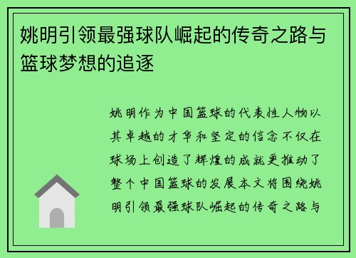 姚明引领最强球队崛起的传奇之路与篮球梦想的追逐